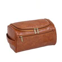 1 pieza Bolsa de aseo de viaje de negocios para hombres, bolsa de almacenamiento de aseo impermeable de cuero, organizador de cosméticos portátil, estuche para kit de afeitado, accesorio de baño colgante, estilo vintage, diseño de lujo, regalo perfecto para novio, esposo, padre, pareja - Marrón - Ver 8
