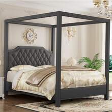 Ataucjin Full Size Canopy Bed Frame With Nailhead Decoration Headboard,Button Tufted,Upholstered Bed Frame With Poles 4 Corner Bed Bracket,Solid Wood Slats Support,No Box Spring Needed,Noise Free - Dark Grey - View 6