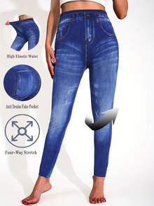 Damen Lässig Minimalistische Leggings, marineblauer Jeans-Muster, hochdehnbar Skinny Hose für Fitness, Workout, Tanz, Yoga, Heimübungen, Stretching, Formung, nahtlos, weich & bequem, geeignet für Outdoor, Radfahren, Laufen, Gehen, Pendeln, elegant & atmungsaktiv