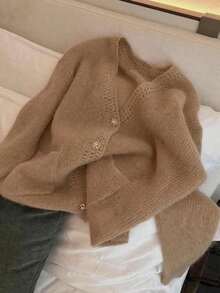 Casual Mohair Solid Color Knit Front Button Hollow Long Sleeve Sweater, Suitable For Everyday And Dates, Spring/Autumn - Khaki - View 5