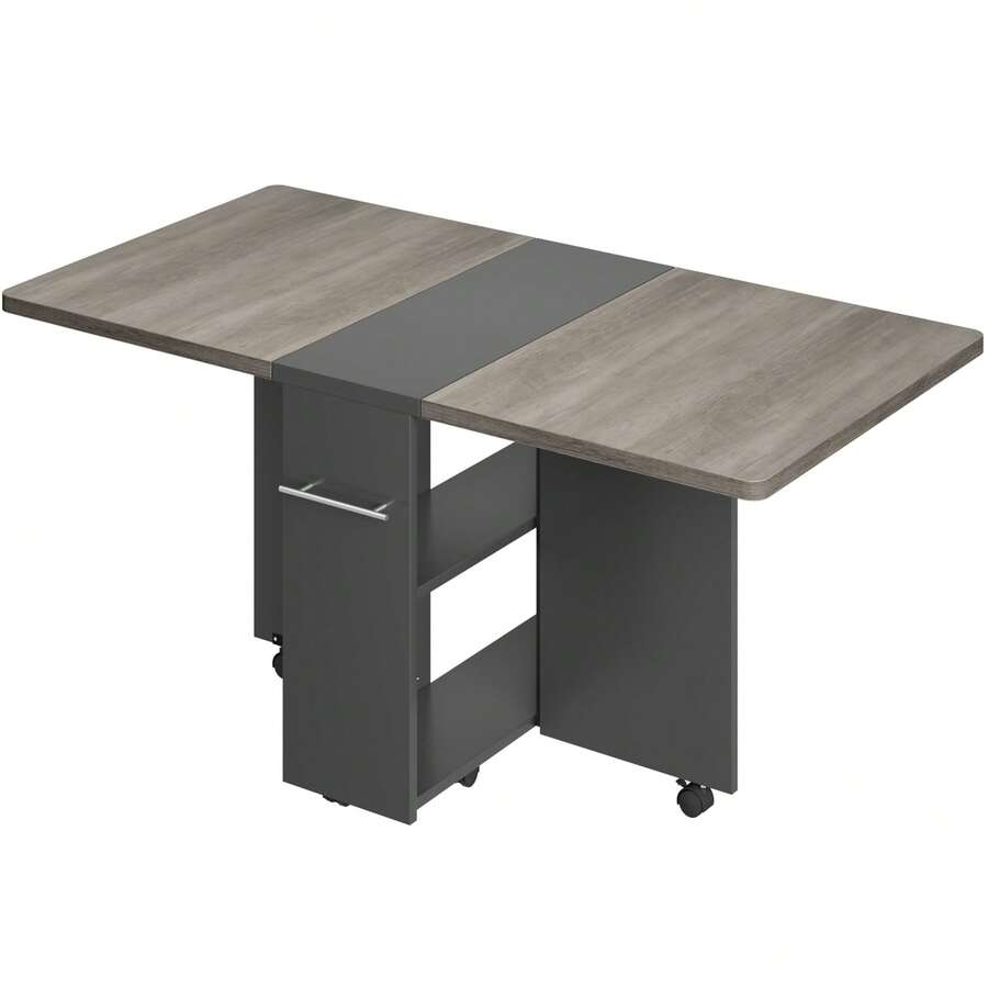 CuteHairy Foldable Drop Leaf Kitchen Table With 2 Storage Shelf, 6 Wheels - Grey - View 1