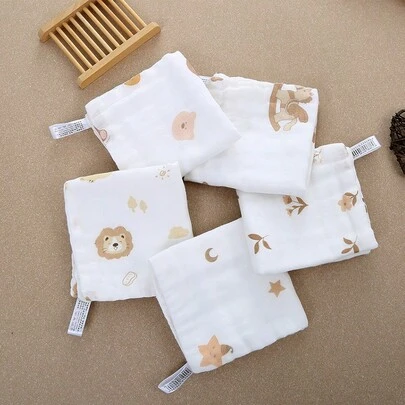5条装/包和3条装随机卡通图案可爱婴儿围兜，新生儿超柔软小手帕，婴儿面巾，婴儿用品纱布巾