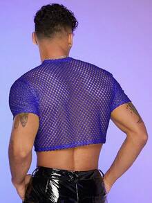 Camiseta de malla de red para hombre, cuello redondo, manga corta, top corto - Azul - Ver 6