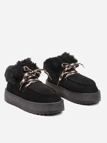 Lace-Up Snow Boots With Thick Sole And Fur - Black - View 5