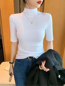 Women's Knit Blouse, High Neck, Plain Half Sleeve, Ribbed Fabric, Size S, M, L - 紅白色 - 查看 2