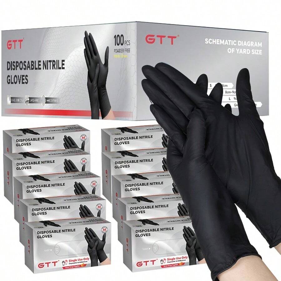 GTT 1000Pcs Black Nitrile Disposable Gloves, Wholesale Various Sizes Large Size, 5mil, Powder-Free, Medical Exam Latex-Free For Examination Home Cleaning, Auto Repair, Laboratory, Gardening - 黑 - 查看 1
