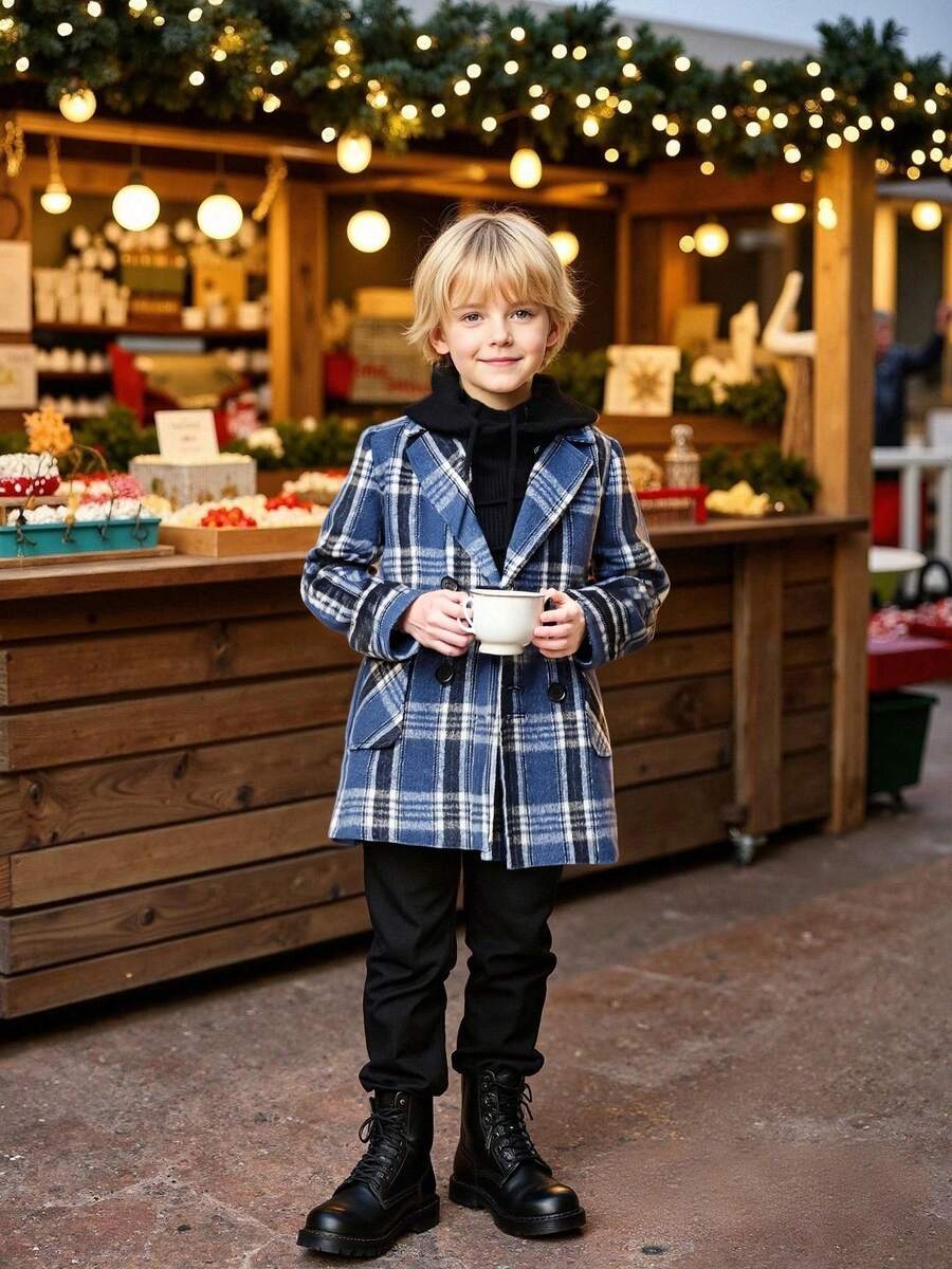 Abrigo de estilo británico a cuadros para niños preadolescentes, ropa de abrigo larga para otoño/invierno