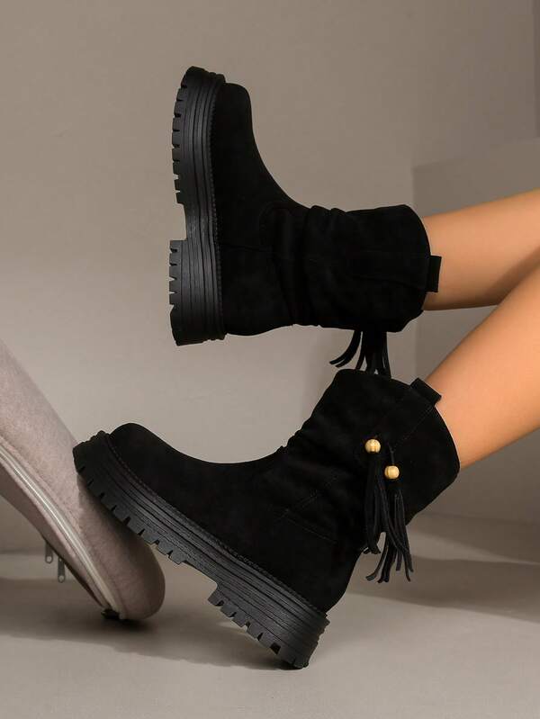 Women's Autumn/Winter New Suede Zipper Short Boots, Thick High Heel Round Toe Elastic Fashion Boots Women's Black Vintage Over-The-Knee Fringe Decor Faux Suede Cowboy Boots, Comfortable Western Style Boots