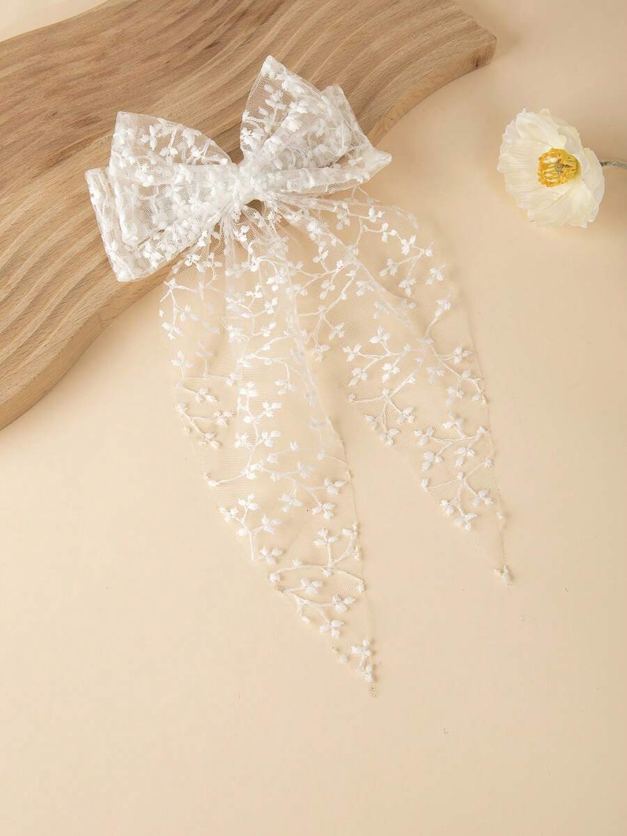 1pc Girls Elegant Cute White Lace Embroidery Bowknot Hair Clip, Wedding Hair Accessory, Suitable For Teens, Daily, Festival, Party Wear - Multicolor - View 1