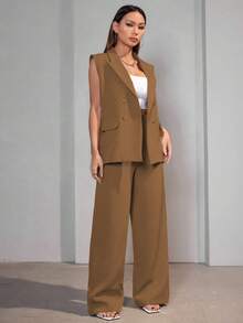 MODA MO, REF: AS-1347 Women's Casual Suit Vest | Elegant Tailored Set | Sophisticated Look | Women's 2-Piece Blazer | Refined Style | Versatile For Casual Or Formal Occasions | Size S, M, L | High Quality | Comfort And Style - 卡其色 - 查看 6