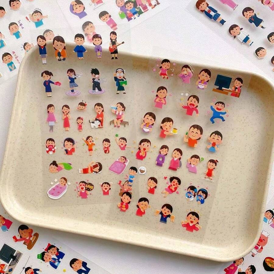 10pcs/Set Japanese Cartoon Character Stickers, Mini Figure Stickers, Japanese Expression Stickers, Retro Planner Style Phone Case Decorative Stickers, Diary Decorative Materials Die-Cut Stickers, Expression Mini Figure Die-Cut Labels, Creative Material Stickers, DIY Planner Stationery Sticker Set - Multicolor - View 1