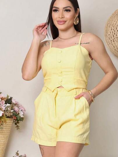 Conjunto 2 Peças Feminino Cropped Elegante com Botões e Short Cintura Alta – Tecido Leve – Amarelo Azul Rosa Salmão – P M G