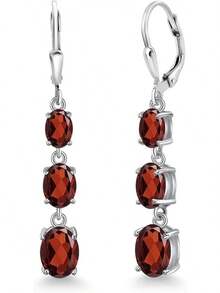 Gem Stone King 3-Stone Leverback Drop Dangle Earrings Women |   925 Sterling Silver |   Gemstone Birthstone |   Oval 8X6MM 7X5MM And 6X4MM |   Fine Jewelry Gifts Her Mom Women Wife - 石榴石,一月 - 查看 1