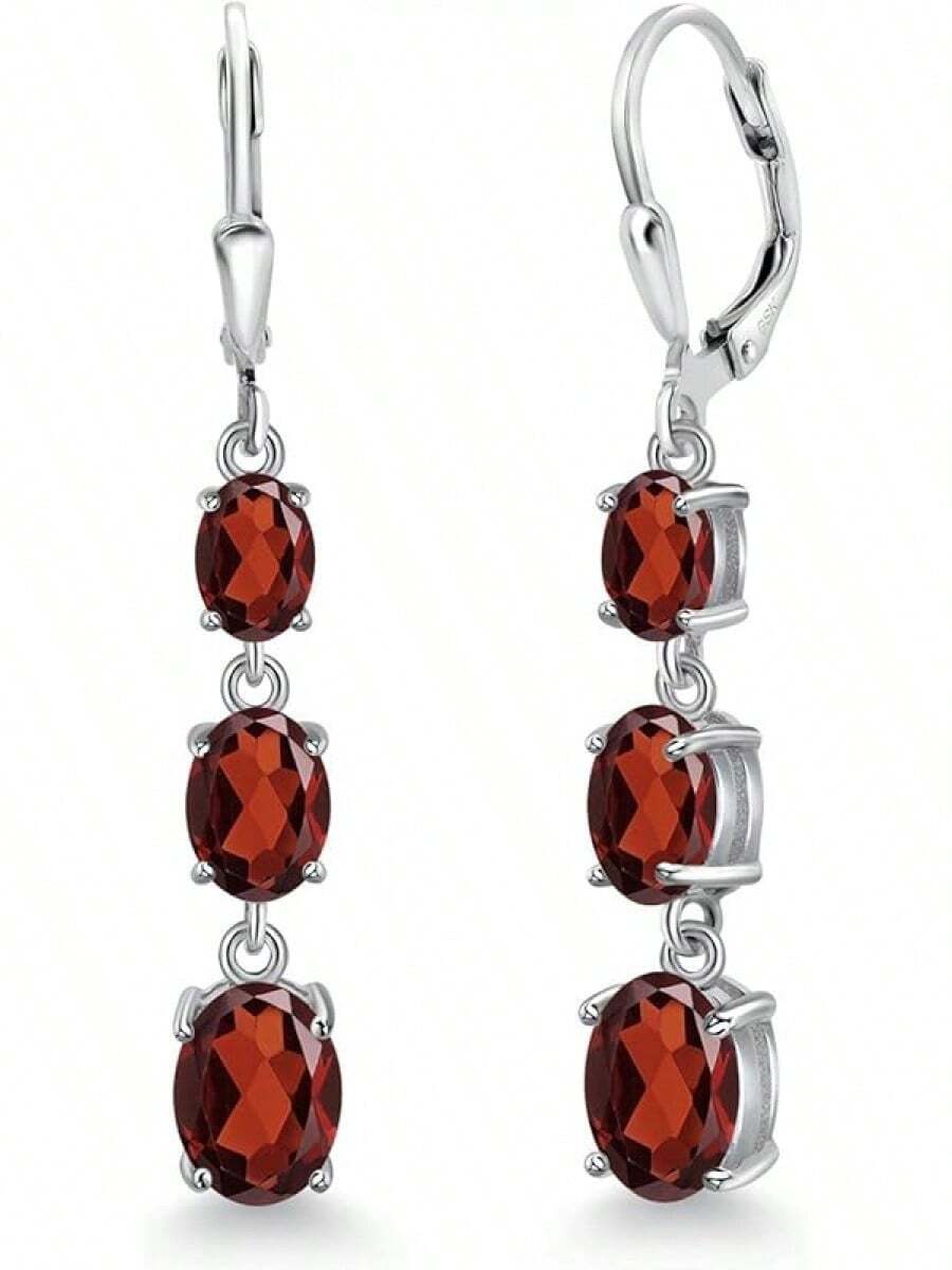Gem Stone King 3-Stone Leverback Drop Dangle Earrings Women | 925 Sterling Silver | Gemstone Birthstone | Oval 8X6MM 7X5MM And 6X4MM | Fine Jewelry Gifts Her Mom Women Wife - 石榴石,一月 - 查看 1