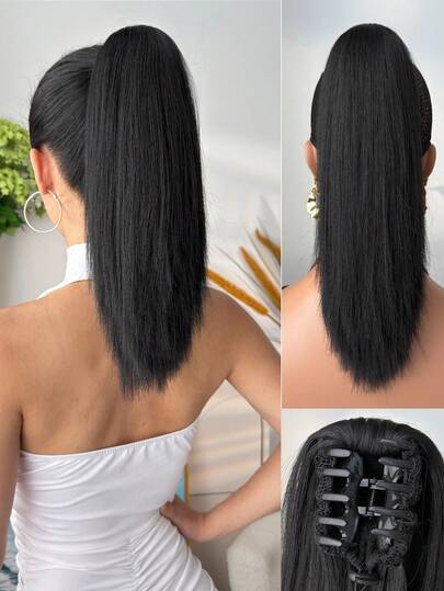 Tóc giả đuôi ngựa dài 16 inch màu đen, thẳng, chịu nhiệt, làm bằng sợi tổng hợp, thích hợp cho phụ nữ sử dụng hàng ngày.