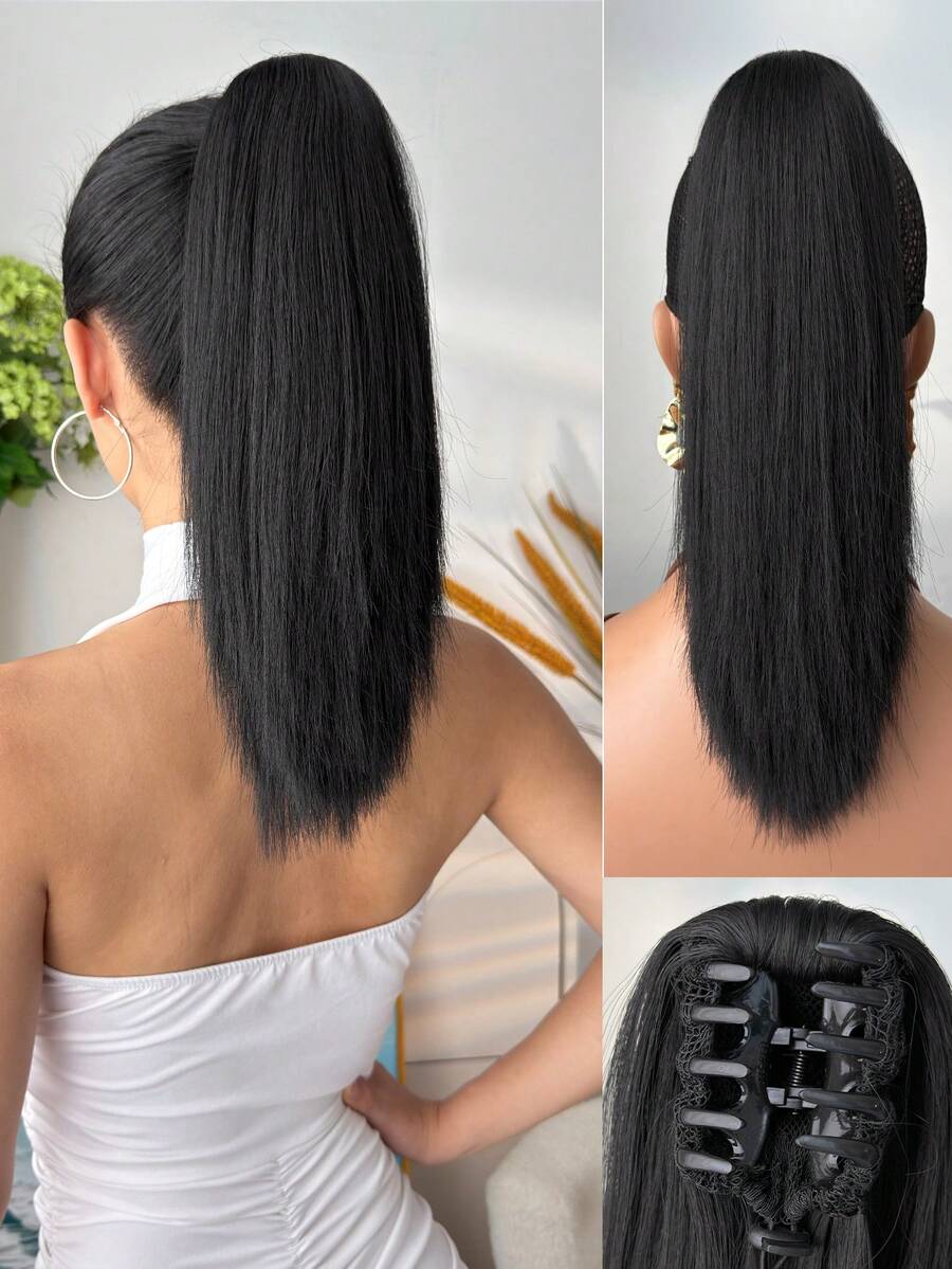 16 Inch Black Straight Heat Resistant Synthetic Claw Ponytail Hair Extensions, Suitable For Women's Daily Use - Black - View 1