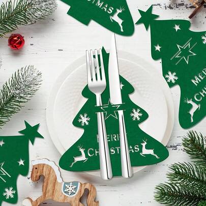 3 piezas Juego de portacubiertos de árbol de Navidad rojo festivo - Bolsas de fieltro suave para utensilios con diseño de estrella y reno, perfectas para la mesa navideña y decoración, regalo ideal para Navidad y Halloween, decoraciones navideñas