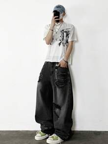1pc Hearty Haven Distressed American Street Style Loose Fit Wide Leg Washed Denim Jeans For Men (No Belt & Accessories) - Black - View 5