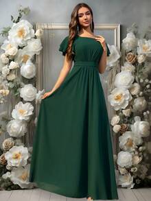 Volly Toych Elegante vestido de dama de honor de gasa verde oscuro, con diseño de cuello redondo, mangas cortas con volantes drapeados, perfecto para ocasiones especiales - Verde Oscuro - Ver 3