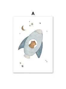 1 pieza Póster de arte de pared con impresión en lienzo de estilo boho con cohete espacial, oso, conejo, erizo, abeja y flores para decoración de habitación de bebé y niños