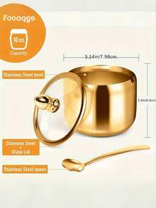 1 حاوية تخزين التوابل من الفولاذ المقاوم للصدأ بلون ذهبي مع غطاء زجاجي شفاف وملعقة - آمنة للغسالة الآلية، فتحة واسعة، موزع توابل متعدد الاستخدامات، مناسب لبار القهوة وتنظيم المطبخ، إمدادات حفلة عيد الميلاد، وجبة عائلية