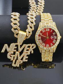 1 套 Bling Bling“永不放弃”吊坠项链、链、手链、男士手表、经典配饰,馈赠亲朋好友的绝佳礼物 - 紅色 - 查看 30