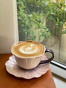 1pc Vintage Dreamy Purple Hibiscus Ceramic Coffee Cup & Saucer, Hand-Painted Underglaze Latte Mug, Gift For Afternoon Tea