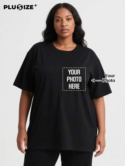 Customized Plus Size T-Shirt For Christmas, Thanksgiving, Halloween - Add Your Own Photos (Family, Selfie, Pet, Friends) (Badge, Logo, Family Photo, Selfie) To Design Your Personalized Printed T-Shirt, Custom T-Shirt