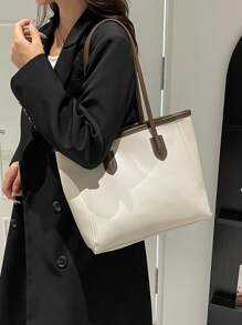 时尚纯色 PU 大容量复古简约托特包休闲单肩包百搭手提包适合女性旅行、购物、钱包、年轻女性、大学生、新婚夫妇、白领。适用于办公室、大学、工作、商务、通勤、户外活动、旅行和郊游 - 白色 - 查看 5