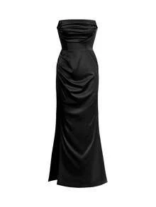 Look Polly 女士休闲乡村音乐节性感优雅纯色高开衩长裙粉色茶会礼服毕业晚宴婚礼晚礼服长裙 - 黑色 - 查看 3