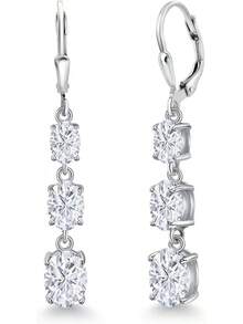 Gem Stone King 3-Stone Leverback Drop Dangle Earrings Women |   925 Sterling Silver |   Gemstone Birthstone |   Oval 8X6MM 7X5MM And 6X4MM |   Fine Jewelry Gifts Her Mom Women Wife - 白莫桑石,四月 - 查看 1