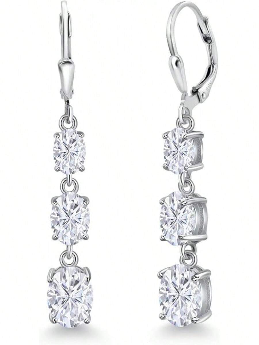 Gem Stone King 3-Stone Leverback Drop Dangle Earrings Women | 925 Sterling Silver | Gemstone Birthstone | Oval 8X6MM 7X5MM And 6X4MM | Fine Jewelry Gifts Her Mom Women Wife - 白莫桑石,四月 - 查看 1