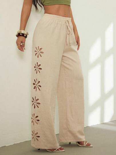 Pantalones rectos con cordones, estampado floral y calados, pantalones anchos tejidos sin estiramiento, pantalones casuales versátiles, elegantes y femeninos, esenciales para primavera/verano, viajes, Pascua