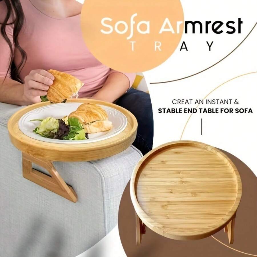 Foldable Pine Wood Sofa Side Table & Bamboo Pillow Tray - Rustic Home Decor For Bedroom, Living Room, RV (No Assembly Required) 25x13cm - Beige - View 1