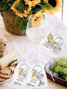 1pc/8pcs/16pcs/24pcs Inspirational Sunflower You're Awesome Key Chain Gift Set,Inspirational Sunflower Keychain Gifts,With Stainless Steel Key Chain,Green Leaf Thank You Card, White Organza Gift Bag - Multicolor - View 5