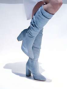 Nuevas botas altas de montar de tacón grueso con punta puntiaguda y cremallera lateral, versátiles para mujer, de moda europea y americana, para otoño/invierno colores únicos  Cowboy    Cremallera lateral    comodas  primavera,verano,otoño - Azul - Ver 3