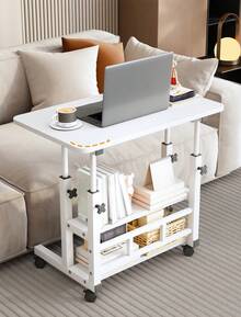 1pc Adjustable Height Sofa Side Table, Adjustable Bedside Table, 3 Tier Shelves Overbed Table With 360° Swivel Wheels 23.6-35.4in Height Adjustable Mobile Laptop Table Standing Rolling Bedside Table For Home Living Room Bedroom - 木紋 - 查看 6