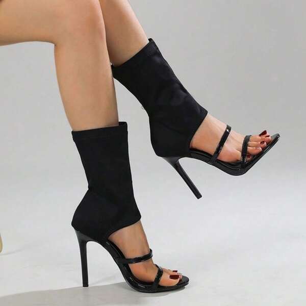 Damen-Stretch-Stoff-High-Top-Doppelriemen-Stiletto-Gladiator-Sandalen, sexy offene Zehenpartie, High Heel, elastische Sommerstiefeletten, Sandalen, geeignet für Sommerkleider, Hochzeitsfeiern, Alltagsschuhe. Damen-Sommer-High-Heel-Sandalen 2025, Sommer, neue Stretch-Stoff-Dünnriemen, offene Zehenpartie, Stiletto-High-Top-Sandalen