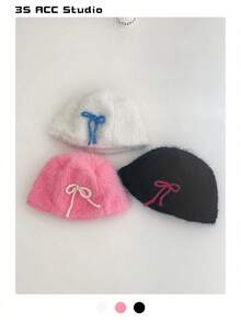 1pc Sweet Cute Bow Knot Fuzzy Bucket Hat For Women, Oversize Handmade Winter Cap - Multicolor - View 1