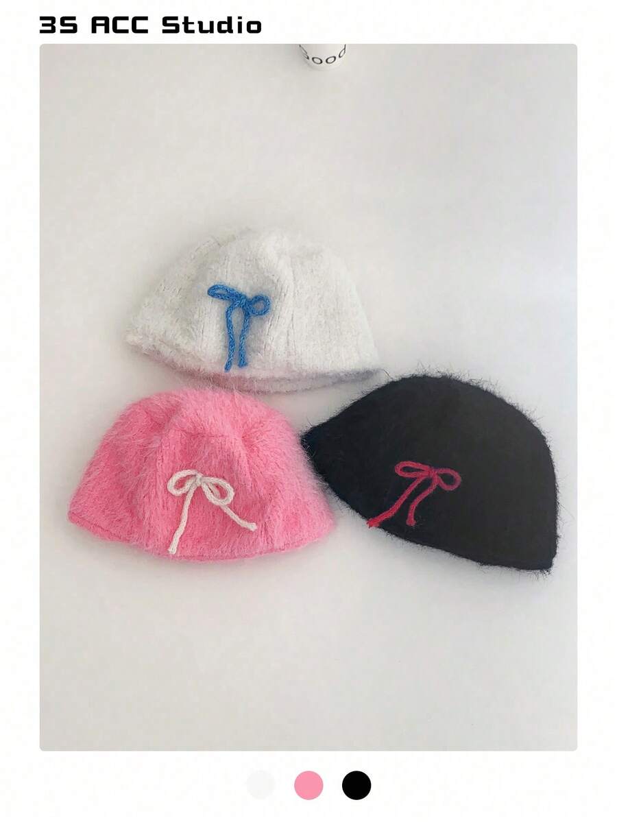 1pc Sweet Cute Bow Knot Fuzzy Bucket Hat For Women, Oversize Handmade Winter Cap - Multicolor - View 1