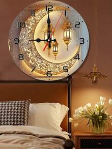 1 Pc 10" /12" Silent Moon Lantern Clock Silent Golden Moon Lantern Eid Wall Clock, Round Wood Veneer With Islamic Architecture Design | Battery Operated (AA Not Included) | Ideal For Study Or Living Room Decor, Great Gift For Holidays Home Decor - Multicolor - View 1