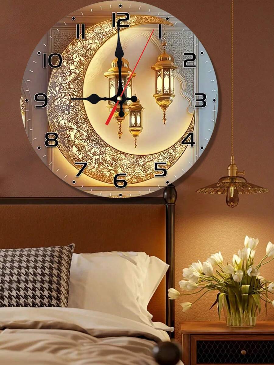 1 Pc 10" /12" Silent Moon Lantern Clock Silent Golden Moon Lantern Eid Wall Clock, Round Wood Veneer With Islamic Architecture Design | Battery Operated (AA Not Included) | Ideal For Study Or Living Room Decor, Great Gift For Holidays Home Decor - Multicolor - View 1