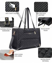 Lunch Tote Bag For Women, 15.6 Inch Laptop Work Bag With Insulated Lunch Box Compartment & Purse Large Capacity Quilted Computer Handbag For Office Business Work Nurse T Eacher Travel Casual - 棕色 - 查看 8