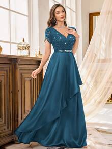 MIUSOL Đầm maxi dự tiệc trang trọng, ren hoa đính sequin, cổ chữ V, tay cánh hoa, chất liệu satin, vạt bất đối xứng, xếp ly, thích hợp cho khách dự đám cưới, lễ tốt nghiệp, tiệc gala và các dịp khác vào mùa hè. - Màu xanh bụi bặm - Xem 7