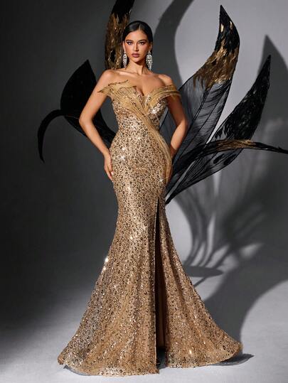 Elisanya 闪亮纯色无袖美人鱼下摆亮片礼服，适合正式晚会、庆典和派对