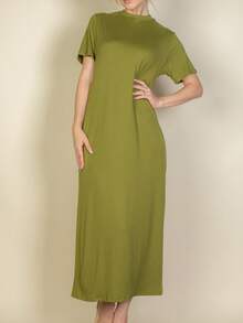 Women's Solid Color Casual Basic Side Pocket Tee Dress For Summer - Cành ô liu - Xem 2