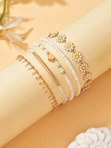 5pcs/Set Bohemian Fresh And Sweet Glaze Daisy Flower Bracelet Female Accessories Floral Painted Oil Drop Bracelet Beaded Love Summer Dopamine Color Matching Suitable For Gift Giving Daily Travel Wear - Gold - View 3