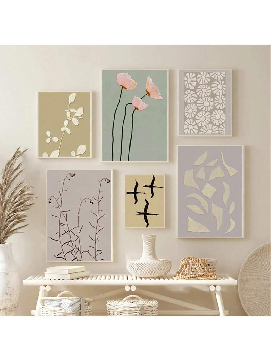 1 pieza Impresión de póster de pintura en lienzo con arte de pared minimalista, diseño floral abstracto de patrón geométrico moderno para decoración del hogar y la sala de estar