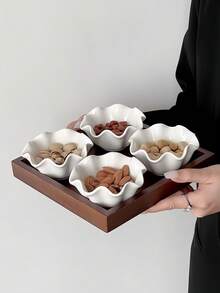 1pc Chinese Tea Snack Plate, Lotus Ceramic Dish, Vintage Home Dry Fruit Plate Set, Candy Snack Tray, Tea Snack Plate, Wooden Serving Tray, Compartment Plate, Ceramic Bowl - Multicolor - View 6