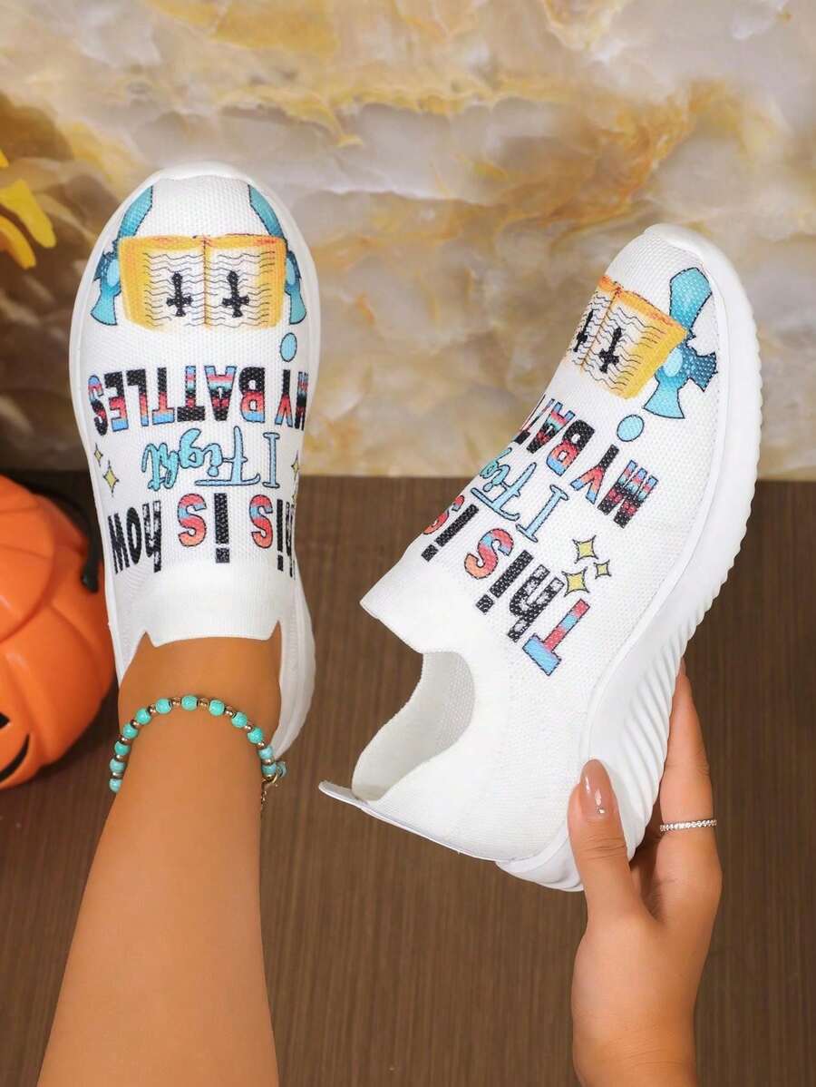 scarpe sportive casual da donna con stampa a lettere, suola in EVA, tomaia in tessuto, versatile per uso quotidiano casual e sport, adatto per tutte le stagioni